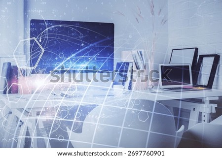Multi exposure of world map drawing and office interior background. Concept of international network.