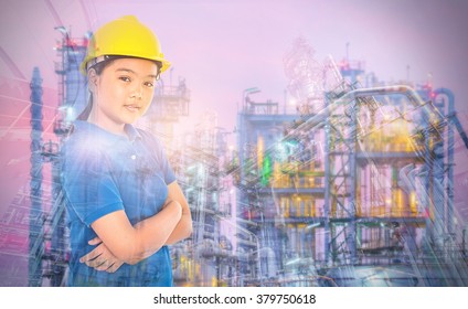 Multi Exposure Of Young Lady With Refinery Industrial Plant 