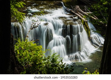 Multi Faceted Waterfall Framed By Two Trees