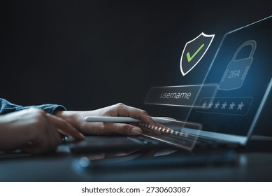 Multi factor authentication login on laptop with password and verification code. Concept of cybersecurity, identity protection, secure access, and modern digital authentication technology.
