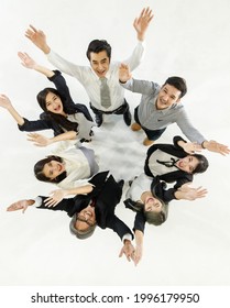 Multi Gendern Asian Business People Together As Circle Smiling And Cheerful Rise Hands Up In The Air. Teamwork Cooporate Symbol, Isolate On White Background.