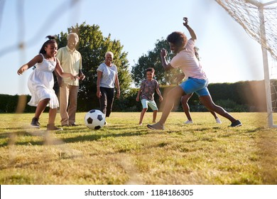 Multi Generation Black Family Playing Football In A Garden