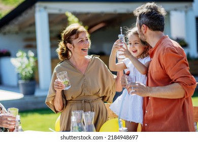 Multi generation family having garden party celebration, little girl with her dad and grandmother drinking water with lemon, having nice time. - Powered by Shutterstock