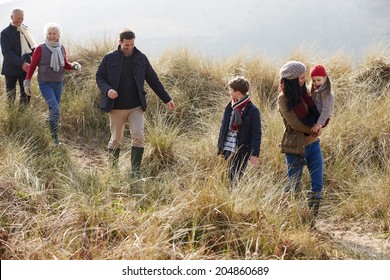 Multi Generation Family In Sand Dunes On Winter Beach