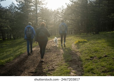 Multi generation family walking in line up the hill on a trail in a forest during a camping holiday, Zlatibor, Serbia. Happy senior father and mother with adult woman child have fun on weekend enjoy  - Powered by Shutterstock