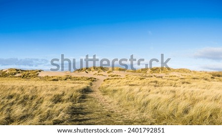 A multi image panorama of the clear blue sky above the tall sand dunes which line the coast at Formby near Liverpool.