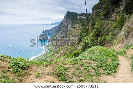 A multi image panorama of the view of the North coast of Madeira seen high above at the Rocha do Navio viewpoint.