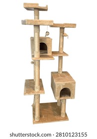 Multi level beige cat tree featuring two enclosed condos, sisal scratching posts, lounging perches, and hanging plush toys. Isolated on a white background, this indoor cat furniture provides climbing, scratching, resting, and play areas for cats and kittens. Ideal for pet care, home interiors, and feline lifestyle concepts.