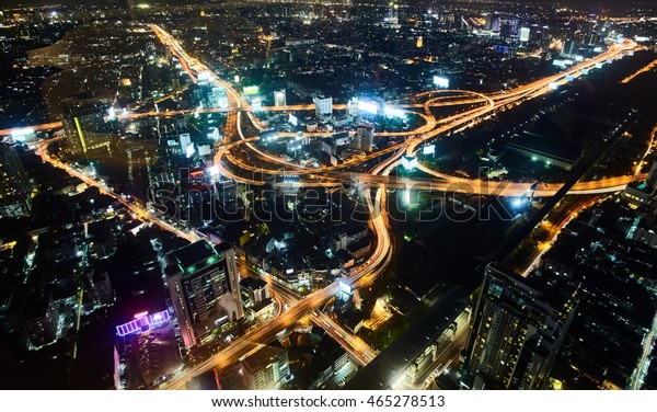 Multi\
level stack interchange in bangkok. Aerial view\

