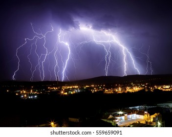 Multi Lightening Storm Flash. Thunderstorm Over City.