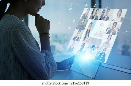 Multi National People Meeting With Video Conferencing System. Web Meeting. Webinar. Global Business.