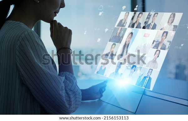 Multi national people\
meeting with video conferencing system. Web meeting. Webinar.\
Global business.