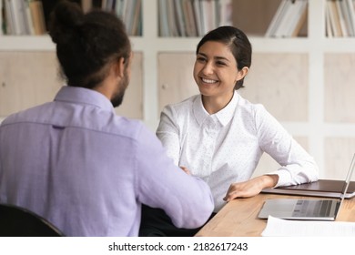 Multi Racial Business People Shake Hands Start Formal Meeting In Office. Happy Indian Applicant Get Hired, Handshake African HR Manager Finish Successfully Job Interview. Business Negotiations Concept