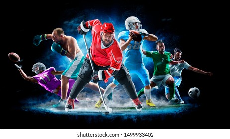 Multi sport collage football boxing soccer ice hockey on black background - Shutterstock ID 1499933402
