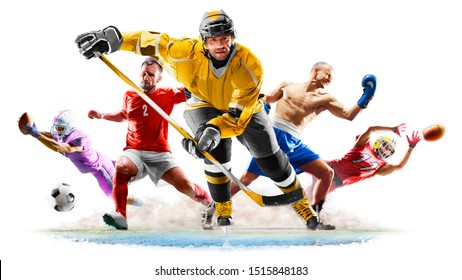 Multi Sport Collage Football Boxing Soccer Ice Hockey On White Background