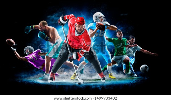 Multi sport collage football boxing soccer ice\
hockey on black\
background
