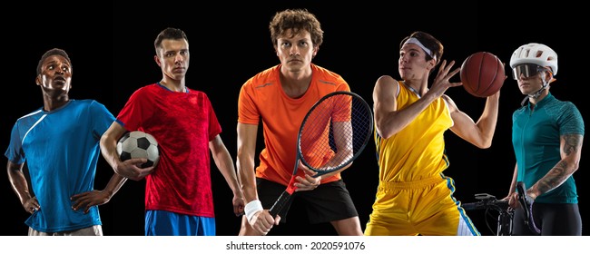 Multi Sport Collage. Football, Tennis, Basketball, Cycling. Sportsmen Isolated On Black Background. Flyer. Concept Of Sport, Action, Healthy Lifestyle. Copy Space For Ad.