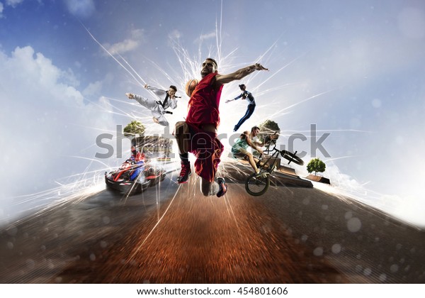 Multi sports collage gokarting basketball bmx\
batut karate
