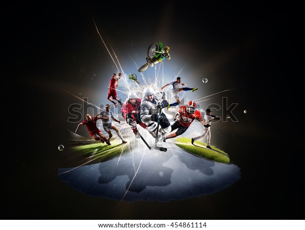 Multi sports collage soccer basketball hockey\
footbal baseball dirt\
bike
