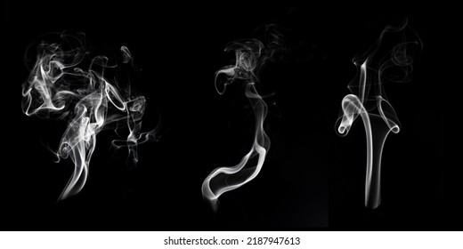 Multi Style Of White Smoke Pack Shot In Studio, White Smoke From Incense And Black Background, Wave And Splash Shape For Design, Object And Background Concept 