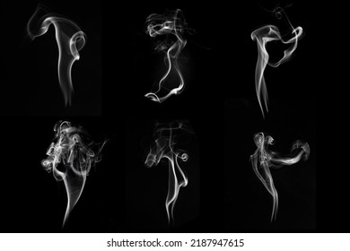 Multi Style Of White Smoke Pack Shot In Studio, White Smoke From Incense And Black Background, Wave And Splash Shape For Design, Object And Background Concept