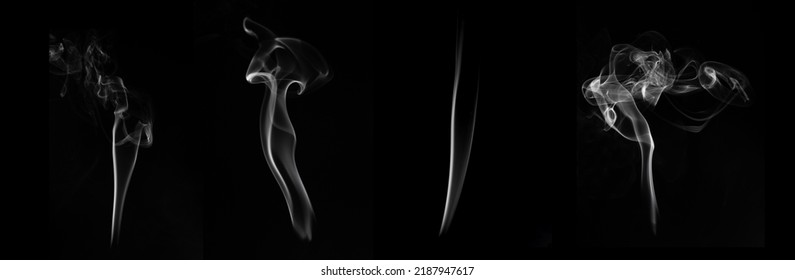 Multi Style Of White Smoke Pack Shot In Studio, White Smoke From Incense And Black Background, Wave And Splash Shape For Design, Object And Background Concept 