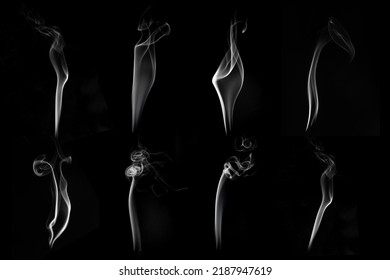 Multi Style Of White Smoke Pack Shot In Studio, White Smoke From Incense And Black Background, Wave And Splash Shape For Design, Object And Background Concept 