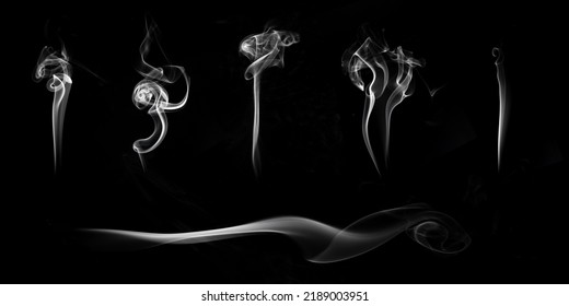 Multi Style Of White Smoke Set Shot In Studio, White Smoke From Incense And Black Background, Wave And Splash Shape For Design, Object And Background Concept 
