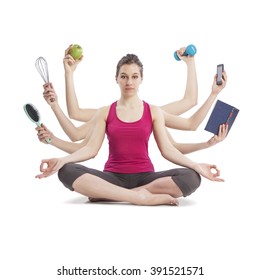 multi tasking woman portrait in yoga position with many arms