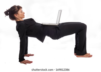 Multi tasking woman in yoga pose. Isolated on white background.