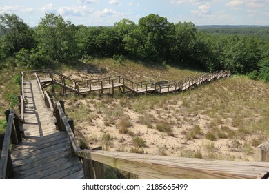 Multi Tiered Wooden Steps On Dunes With Trees And Dune Grass