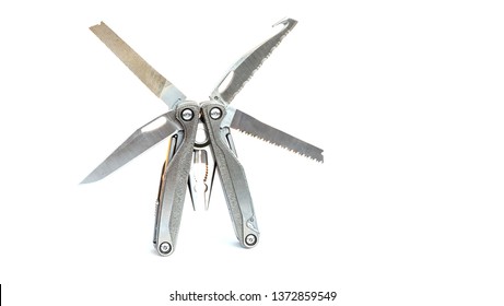 Multi tool with expanded tools and pliers on white background, isolated