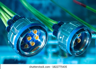 Multi-coaxial cable assembly. Power connector close-up. Power cable connections. Eight pin Socapex power connector. Concept - installation of industrial equipment. Multichannel connector.
