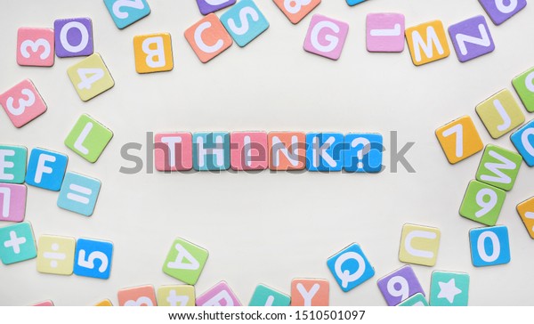 Multi-color Alphabet ABC letters and number and\
mathematics sign in square flat papers on white background with\
THINK at center.