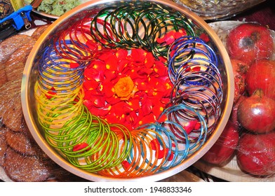 Multicolor Bangles Decorated In The Plate For Baby Shower Function, South Indian Baby Shower