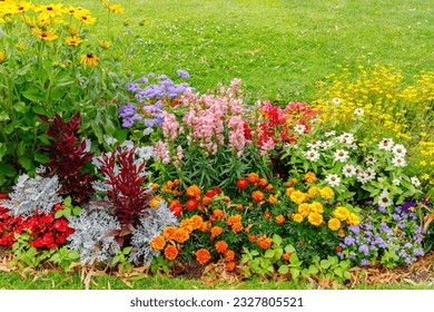 Multicolor blooming front garden. Outdoor summer gardening. Multi-colored flower bed in the park. Lots of beautiful summer flowers. Lush bright flowering in the garden. - Shutterstock ID 2327805521