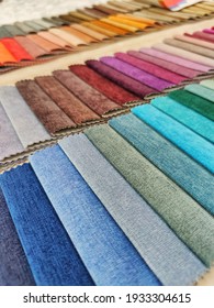 Multicolor Fabric Palette. Samples Of Colorful Multi-colored Upholstery Fabrics For Furniture. Catalog Colorful Collection Of Fabric Texture Samples