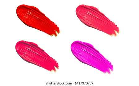 Multicolor Liquid Lipstick Smudges Isolated On White Background. Lip Gloss And Lipstick Smears. Makeup Swatches. Cosmetic Product Strokes. Lipstick, Makeup Product Swatch. 
