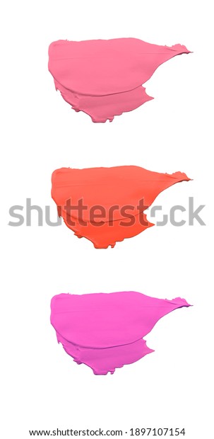 Multicolor liquid lipstick\
smudges isolated on white background. Lip gloss and lipstick\
smears. Makeup swatches. Cosmetic product strokes. Red lipstick\
smudged background. 