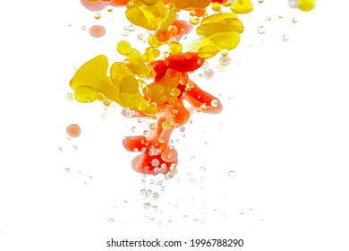 Multicolored abstract background, multicolored pattern of paints on liquid, blank for designer, paint divorces in water, bright texture on white background, minimalism, creative blank for wallpaper.