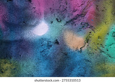 Multicolored abstract texture featuring deep blues, purples, greens and accents of white and gold, where rough, pitted surface details and blurred color spots create a dreamy, cosmic-like pattern. This vibrant, high-contrast image works well as a striking background or creative overlay.
