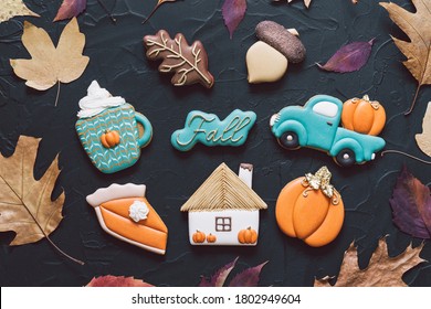 Multicolored Autumn Cookies On A Black Background. Autumn Concept