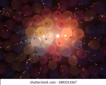 Multicolored Balloons With Ribbon Ends Tied Floating On The Ceiling Of The Room With LED Bulbs Illuminated In A Circle