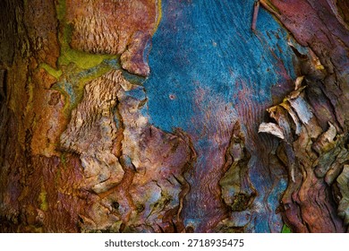 multi-colored bark of a Rainbow Eucalyptus tree. Abstract natural texture with vivid blue, purple, and orange hues.