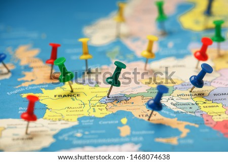 The multi-colored buttons indicate the location and coordinates of your destination on the Map of the Country. Concert button indicates countries and cities of Europe