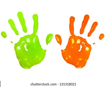 Multicolored Child Hand Print Isolated On A White Paper Background