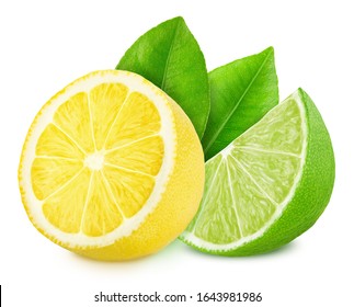 Multicolored composition with slices of sour citrus fruits - lime and lemon isolated on a white background.