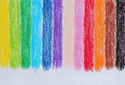 Multicolored Crayon On Paper Drawing Background. Colored Crayon Background Rainbow. Wax Crayon Hand Drawing On Paper.