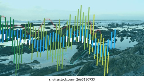 Multicolored data bars and trend lines emerging over rocky shoreline at low tide, with tide pools. Modern, analytics, visualization, landscape, nature, technology, data