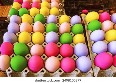 Multicolored easter eggs in egg tray. Creative Easter concept. Colorful handmade Easter eggs in paper container. Multicolored eggs in a cardboard egg carton. Egg in recycled basket protein breakfast. - Powered by Shutterstock